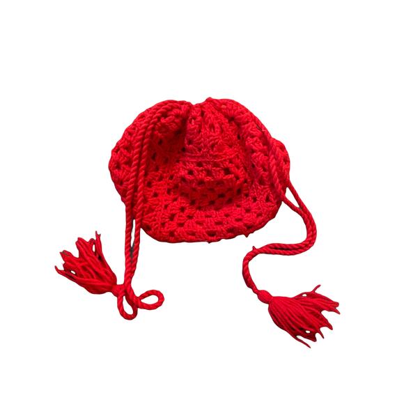 Handmade Red Woven Knit Crotchet Tassels Grannycore Drawstring Satchel Bag - Picture 1 of 6